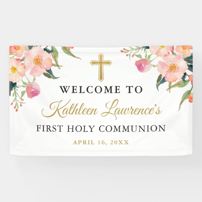 Pink Floral Girl First Holy Communion Banner (Horizontal)