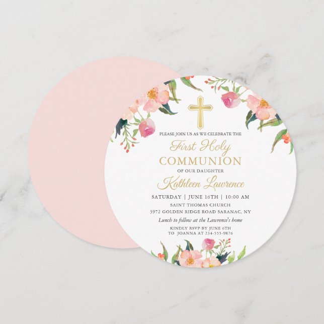 Pink Floral Girl First Holy Communion Circle Invitation (Front/Back)