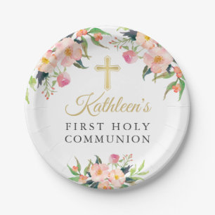 Pink Floral Girl First Holy Communion Paper Plate