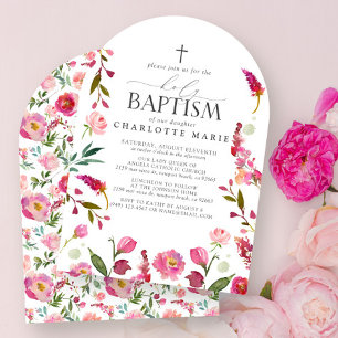 Pink Floral Girl Holy Baptism Watercolor Flowers Invitation
