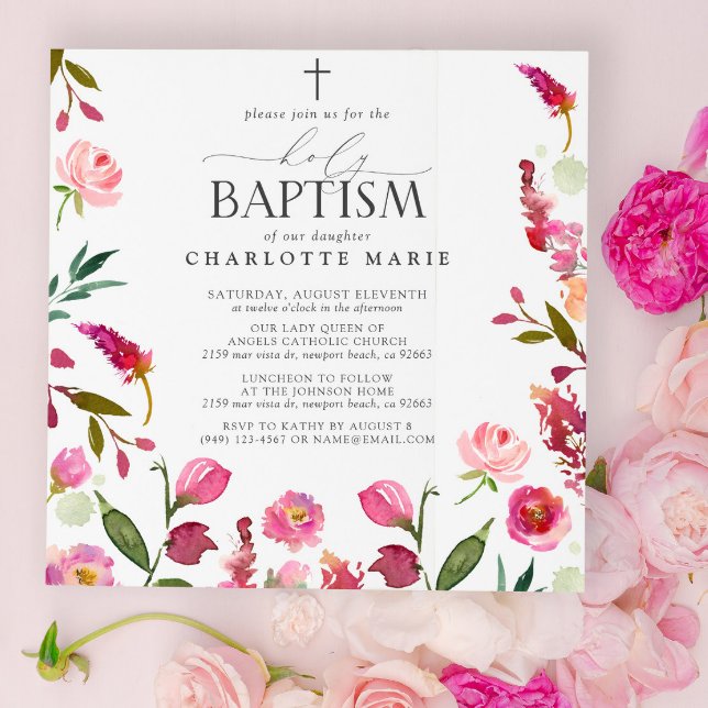 Pink Floral Girl Holy Baptism Watercolor Flowers Invitation (Holy Baptism Invitations!)