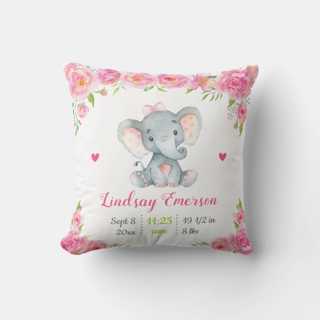 Pink Floral Girl Nursery Baby Shower Gift Elephant Cushion (Front)