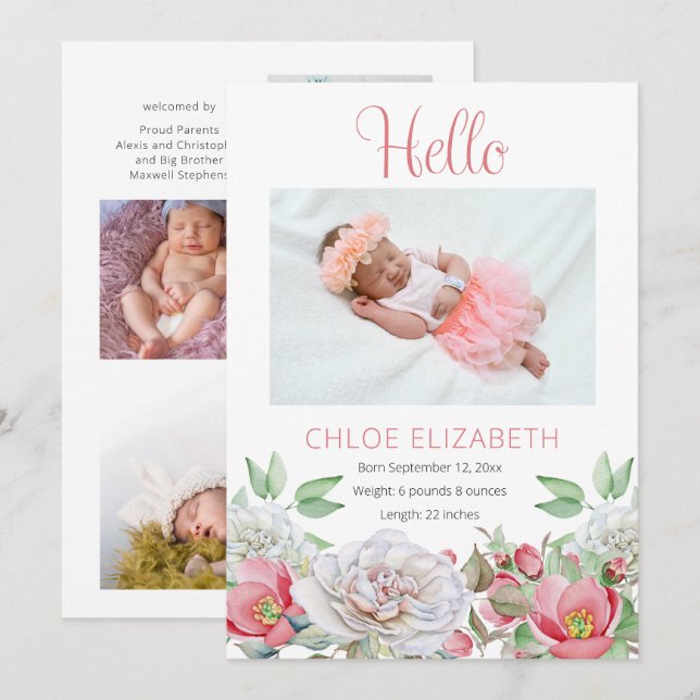 Pink Floral Girl Photo Collage Birth Announcement (Front/Back)