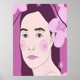 Pink Floral Girl Portrait Poster