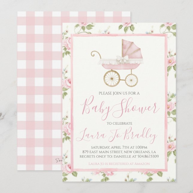 Pink Floral Girl Preppy Southern Baby Shower Invitation (Front/Back)
