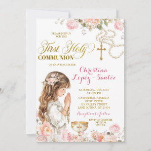 Pink Floral Girl Rosary Primera Comunion Invitation
