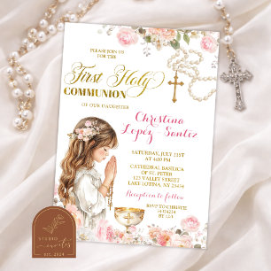 Pink Floral Girl Rosary Primera Comunion Invitation