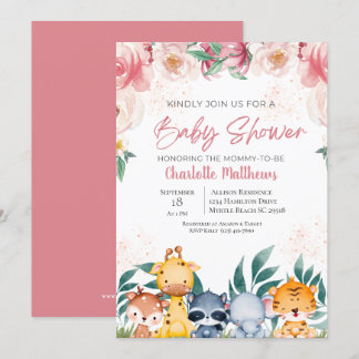 Pink Floral Girl Safari Jungle Animals Baby Shower Invitation