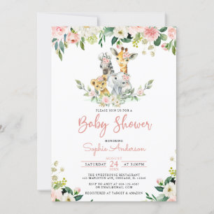 Pink Floral Girl Safari Jungle Animals Baby Shower Invitation