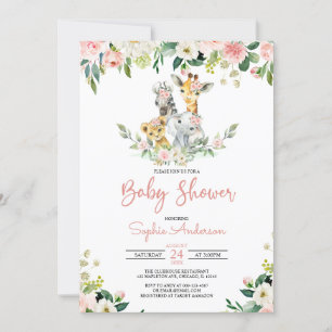 Pink Floral Girl Safari Jungle Animals Baby Shower Invitation