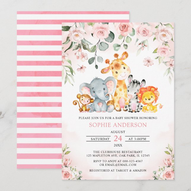 Pink Floral Girl Safari Jungle Animals Baby Shower Invitation (Front/Back)