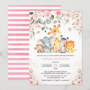 Pink Floral Girl Safari Jungle Animals Baby Shower Invitation