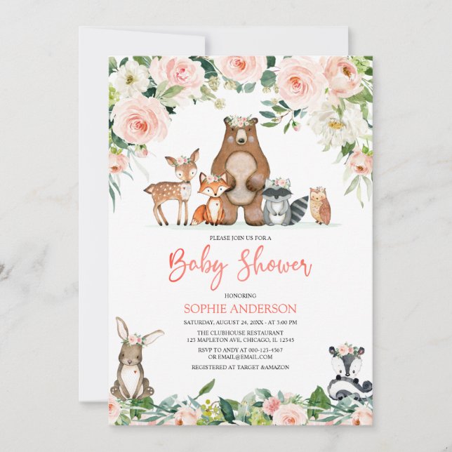 Pink Floral Girl Woodland Animals Baby Shower Invitation (Front)