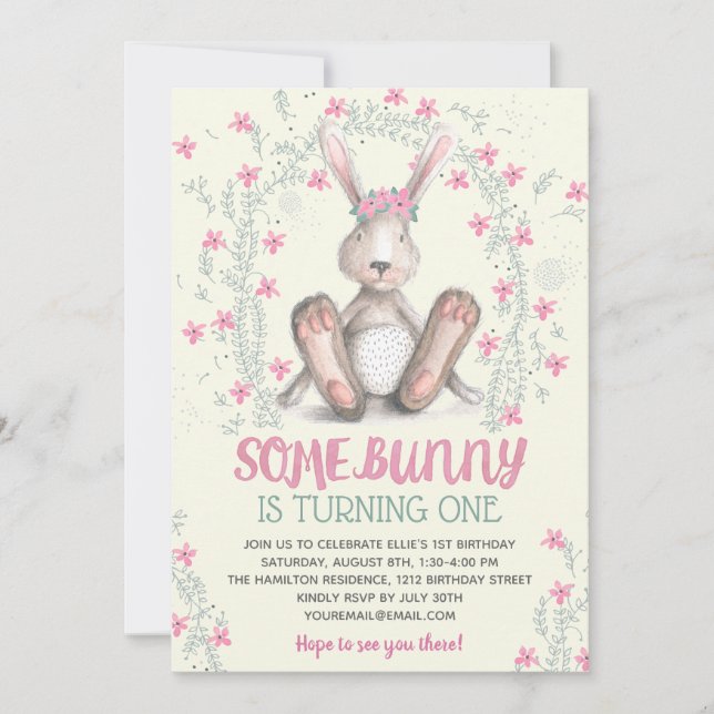 Pink Floral Girls Bunny Birthday Party Invitation (Front)