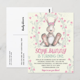 Pink Floral Girls Bunny Birthday Party Invitation Postcard