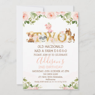 Pink Floral Girls Farm 2nd Birthday  Invitation