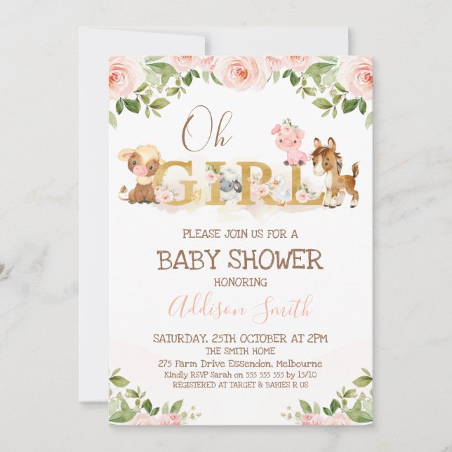 Pink Floral Girls Farm Themed Baby Shower Invitation (Front)