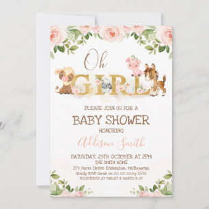Pink Floral Girls Farm Themed Baby Shower Invitation