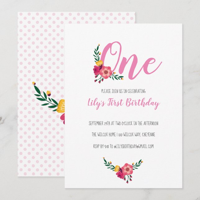 Pink Floral Girl's First Birthday Party Invitation (Front/Back)