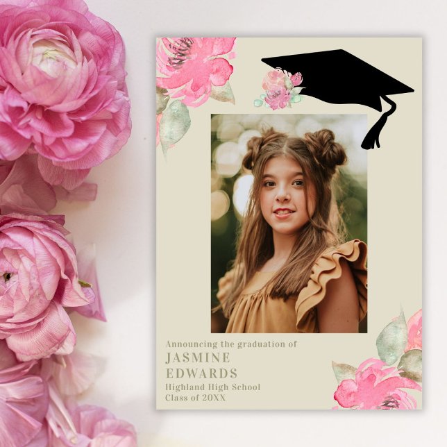 Pink Floral Girl's Photo Graduation Announcement (Creator Uploaded)
