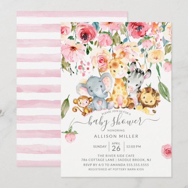 Pink Floral Girls Safari Animals Baby Shower Invitation (Front/Back)