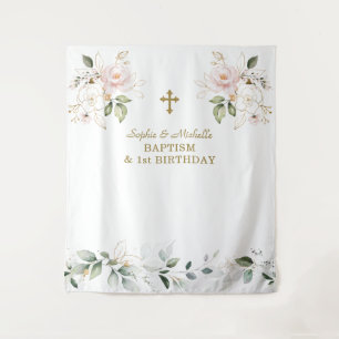 Pink Floral Girls Twins 1st Birthday Baptism  Tapestry