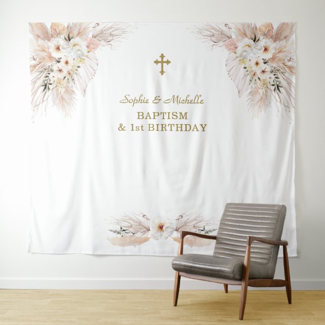 Pink Floral Girls Twins 1st Birthday Baptism  Tapestry (In Situ (Horizontal))
