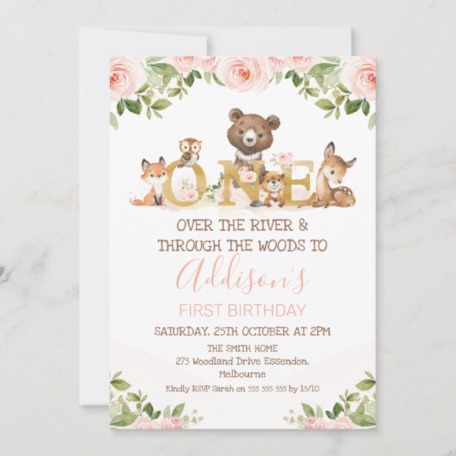 Pink Floral Girls Woodland First Birthday Invitati Invitation (Front)