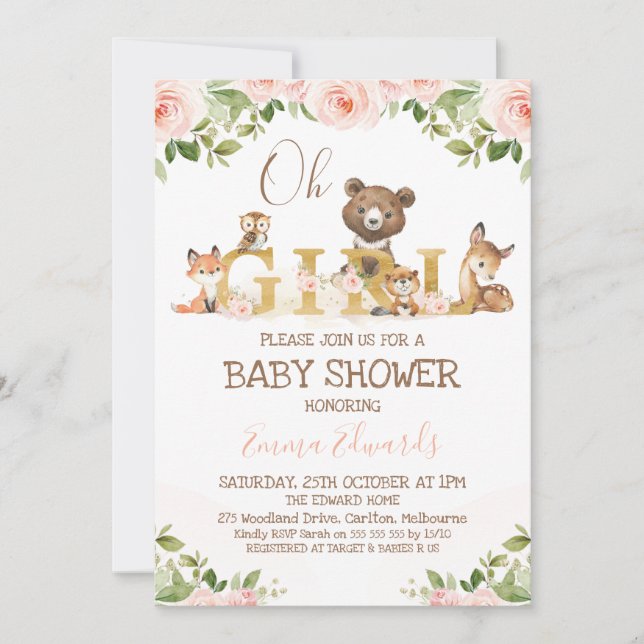 Pink Floral Girls Woodland Themed Baby Shower Invitation (Front)