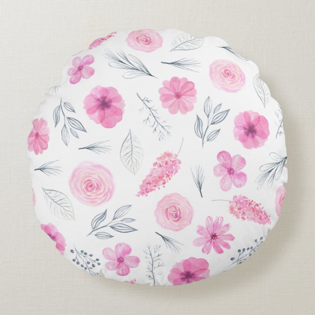 Pink Floral Girly Pretty For Her Roses Flowers Round Cushion (Front)