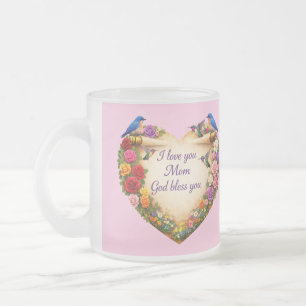 Pink Floral Glass Heart Mug I Love You Mom 