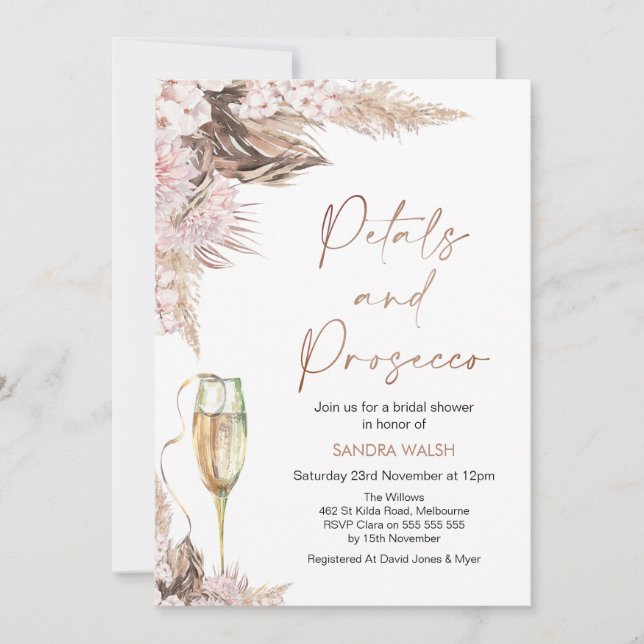 Pink Floral Glass Petals Prosecco Bridal Shower Invitation (Front)