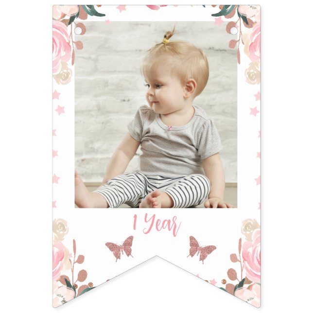Pink Floral Glitter Butterfly Monthly Banner (Fifteenth Flag)