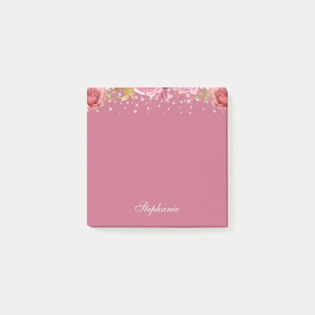 Pink Floral Glitter Custom Name Post-it Notes (Front)