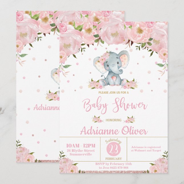 Pink Floral Glitter Cute Elephant Girl Baby Shower Invitation (Front/Back)