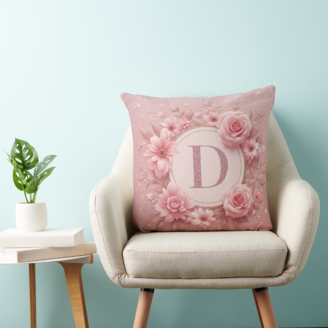  Pink Floral Glitter Monogram Pillow (Chair)