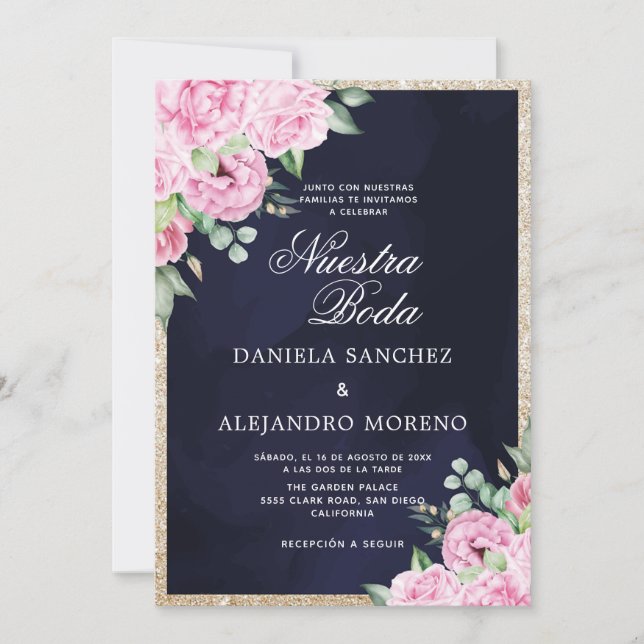 Pink Floral Glitter Nuestra Boda Spanish Wedding Invitation (Front)