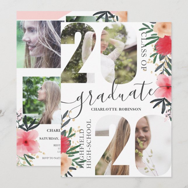 Pink floral glitter script 5 photo 2020 graduation invitation (Front/Back)