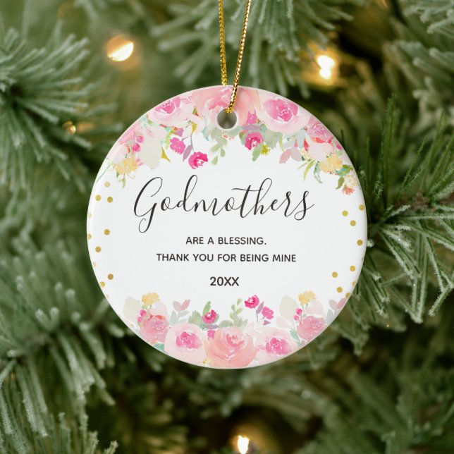 Pink Floral Godmothers Gold Ceramic Tree Decoration (Tree)