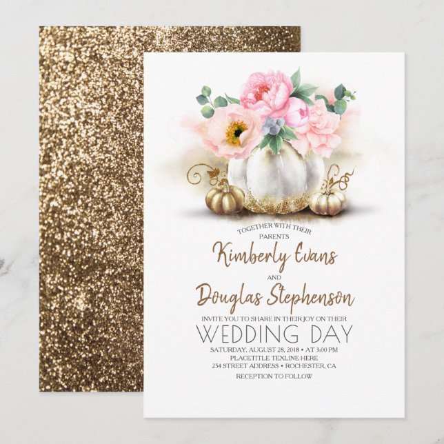 Pink Floral Gold and White Pumpkin Fall Wedding Invitation (Front/Back)