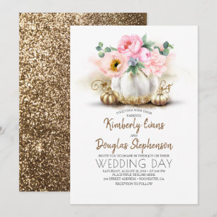 Pink Floral Gold and White Pumpkin Fall Wedding Invitation