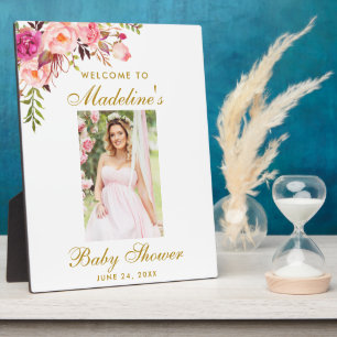 Pink Floral Gold Baby Shower Photo Welcome Plaque