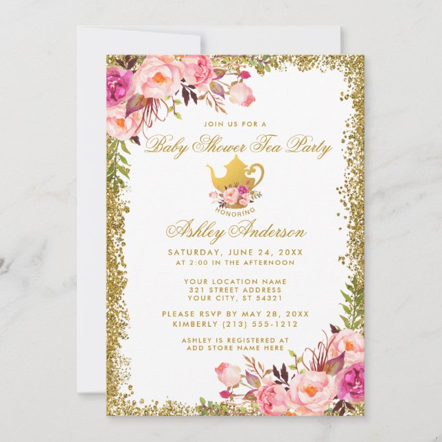 Pink Floral Gold Baby Shower Tea Party Invite G (Front)