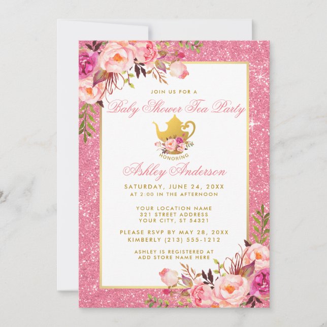 Pink Floral Gold Baby Shower Tea Party Invite GP (Front)