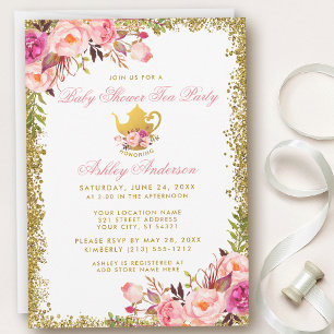 Pink Floral Gold Baby Shower Tea Party Invite GP