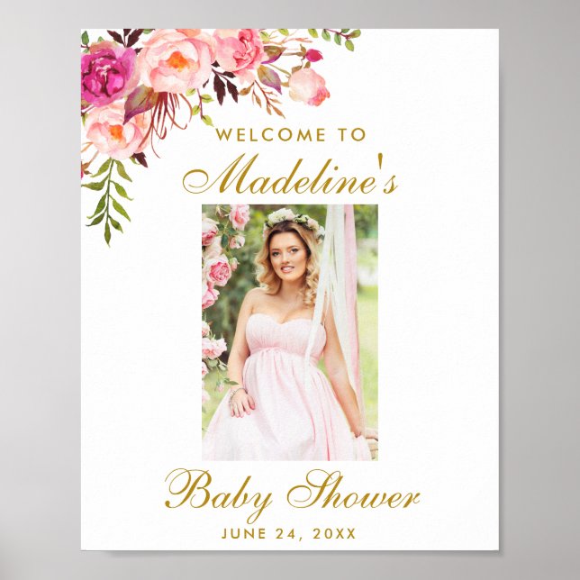 Pink Floral Gold Baby Shower Welcome Photo Poster (Front)