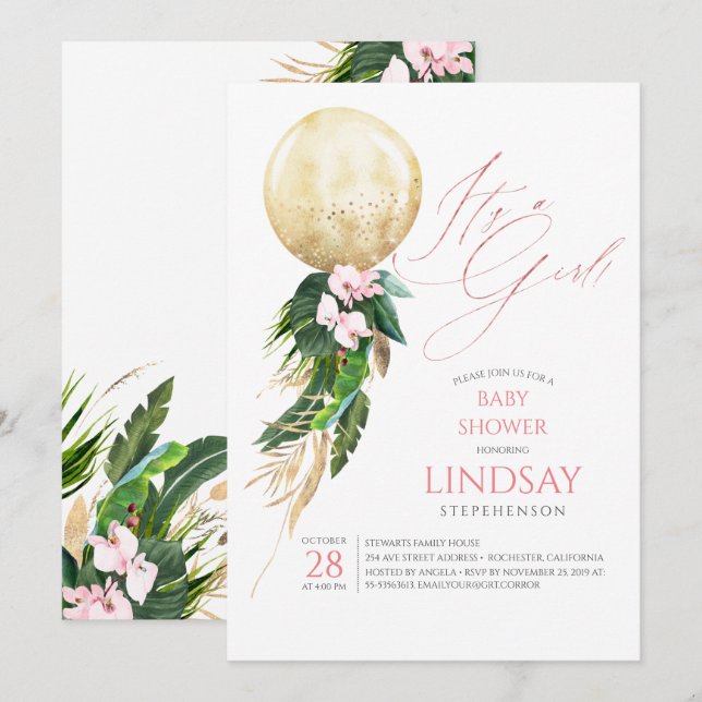 Pink Floral Gold Balloon Cute Tropical Baby Shower Invitation (Front/Back)