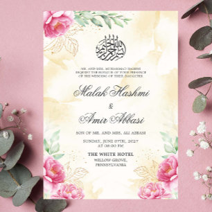 Pink Floral Gold Beige Design Islamic Wedding Invitation