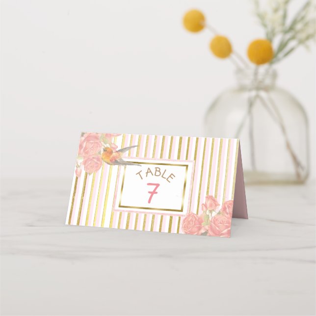 PInk Floral Gold Bird Wedding Table Number Place Card (Front)