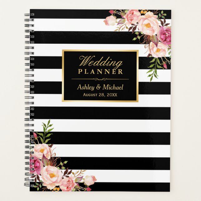 Pink Floral Gold Black White Stripes Wedding Planner (Front)